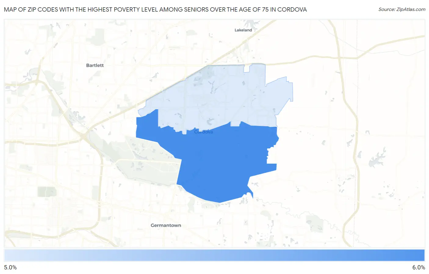Zip Codes with the Highest Poverty Level Among Seniors Over the Age of 75 in Cordova Map