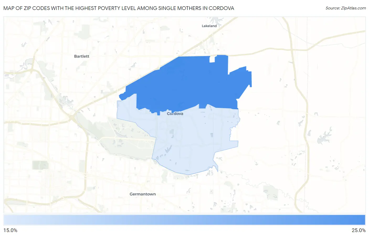 Zip Codes with the Highest Poverty Level Among Single Mothers in Cordova Map