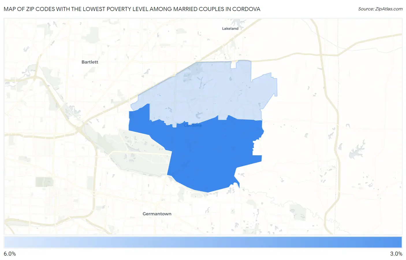 Zip Codes with the Lowest Poverty Level Among Married Couples in Cordova Map