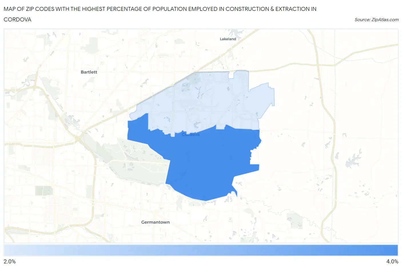 Zip Codes with the Highest Percentage of Population Employed in Construction & Extraction in Cordova Map