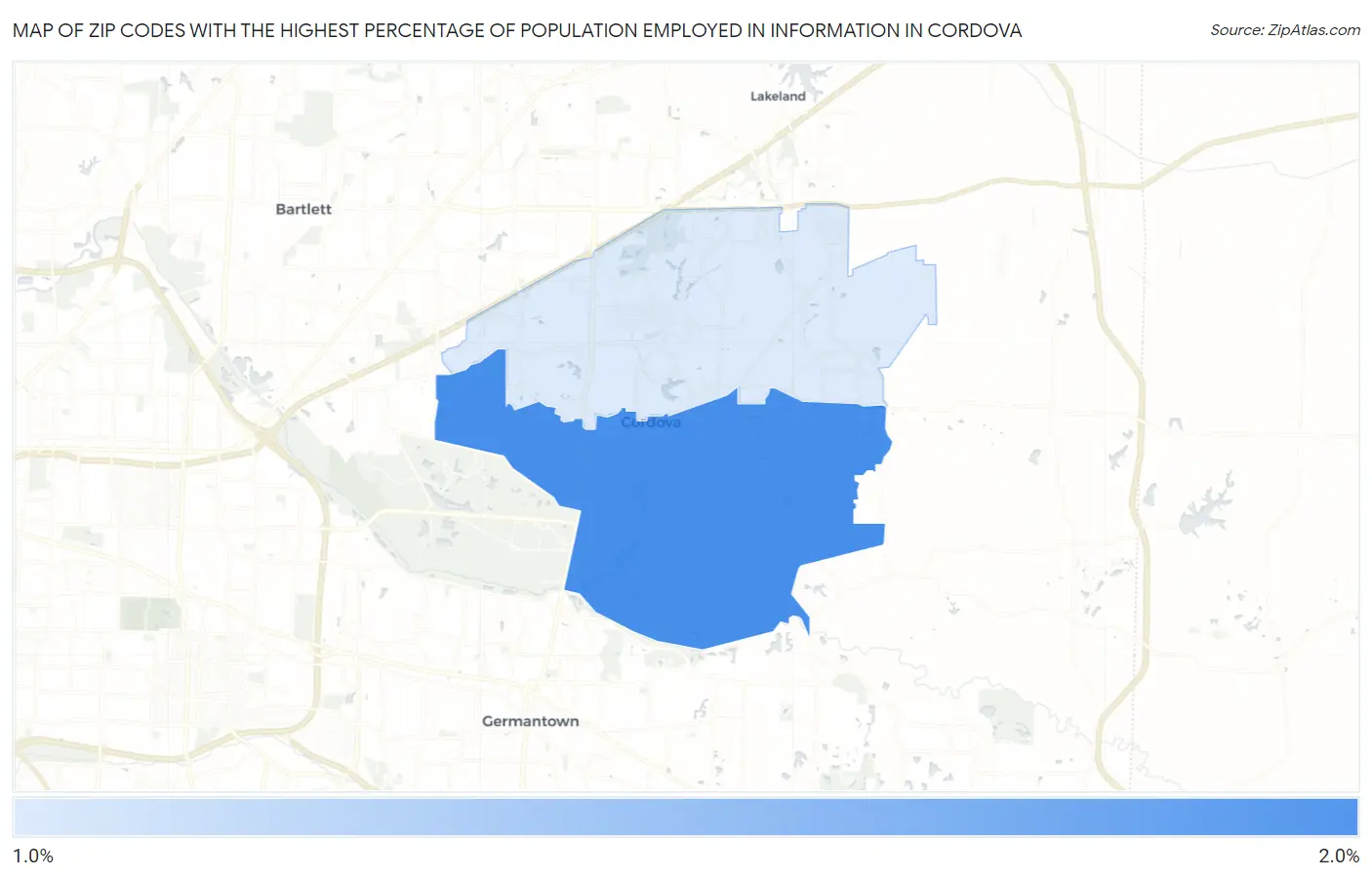 Zip Codes with the Highest Percentage of Population Employed in Information in Cordova Map