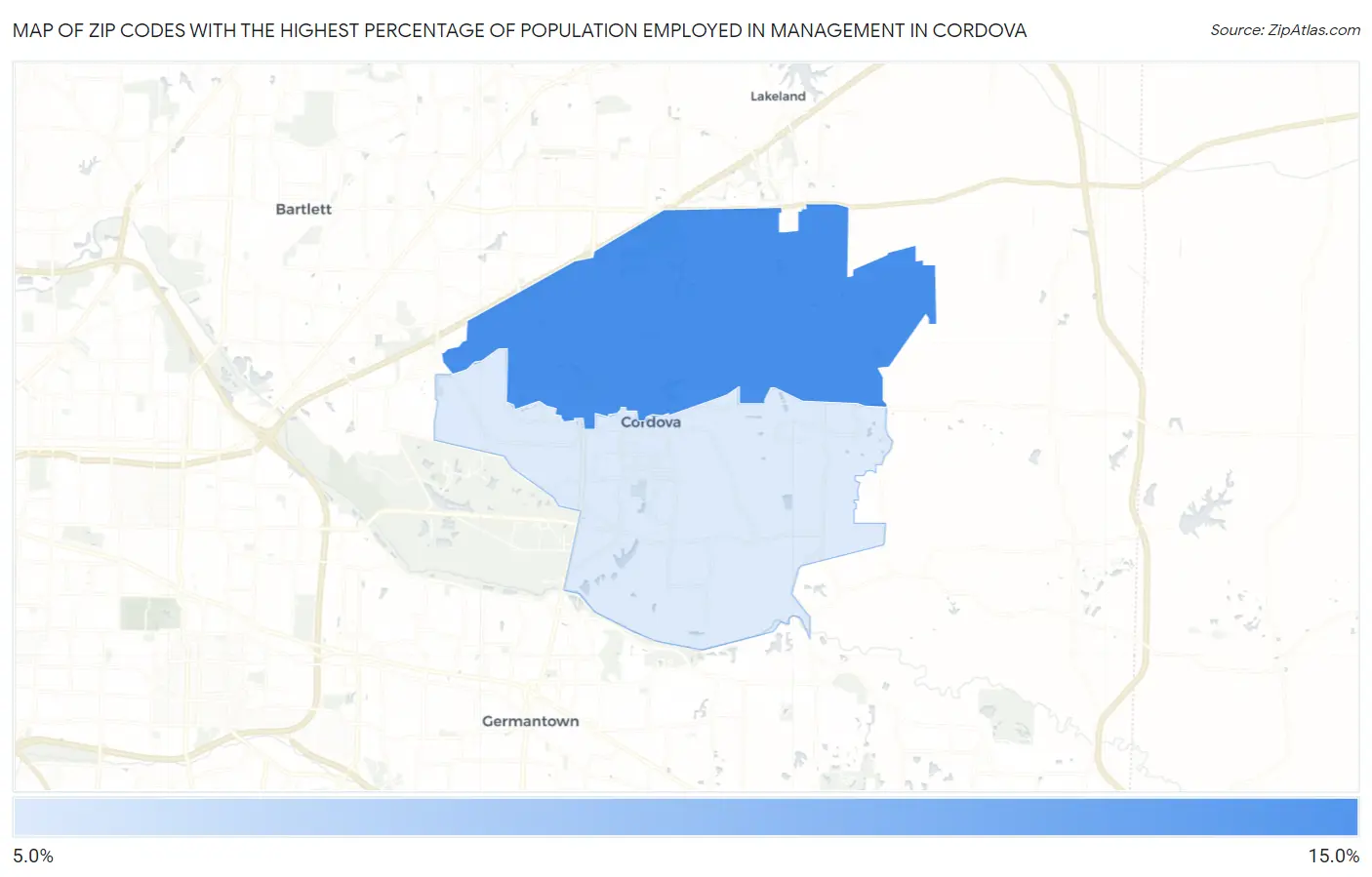 Zip Codes with the Highest Percentage of Population Employed in Management in Cordova Map