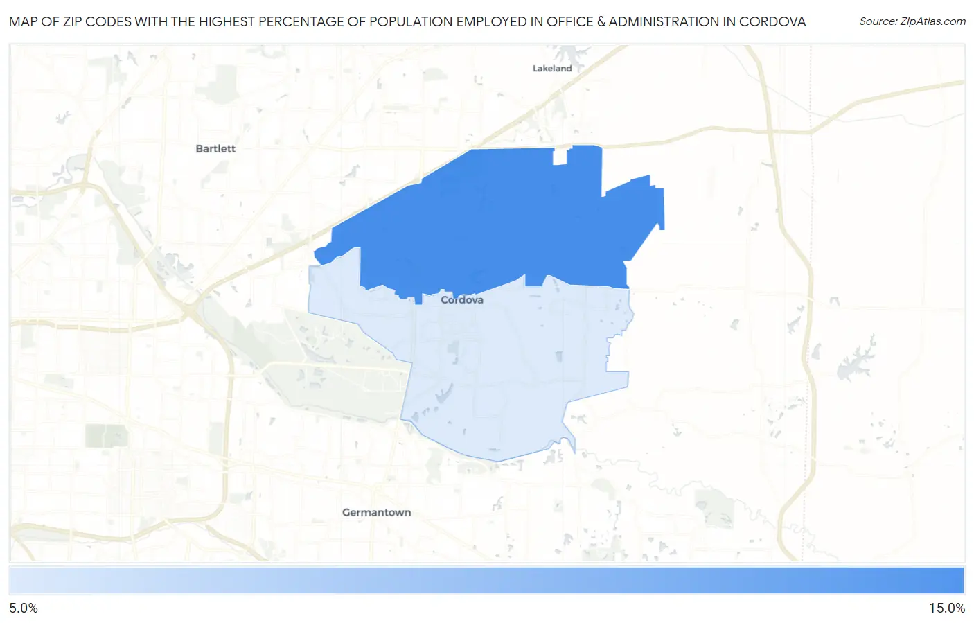 Zip Codes with the Highest Percentage of Population Employed in Office & Administration in Cordova Map