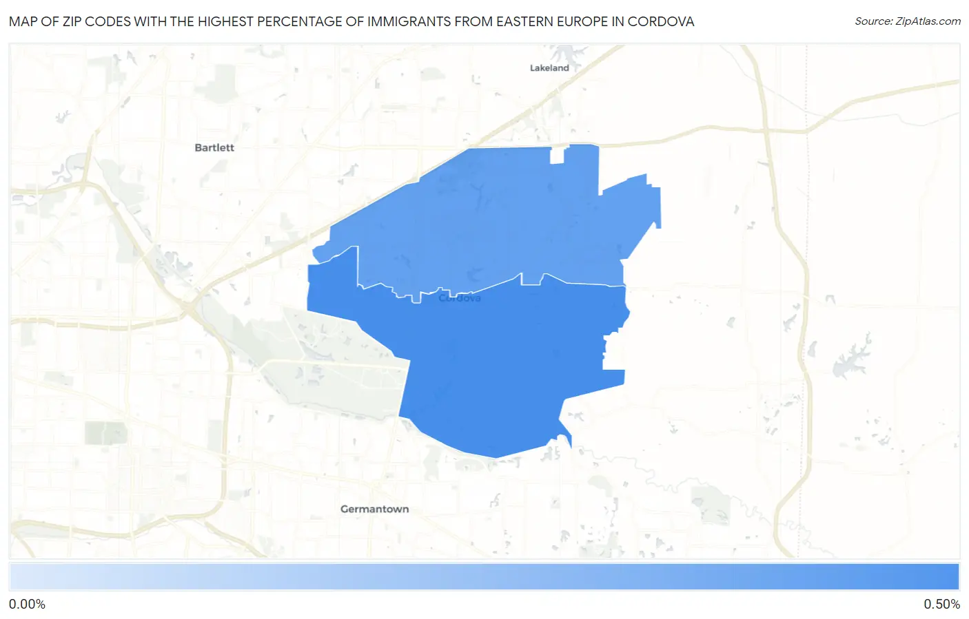 Zip Codes with the Highest Percentage of Immigrants from Eastern Europe in Cordova Map