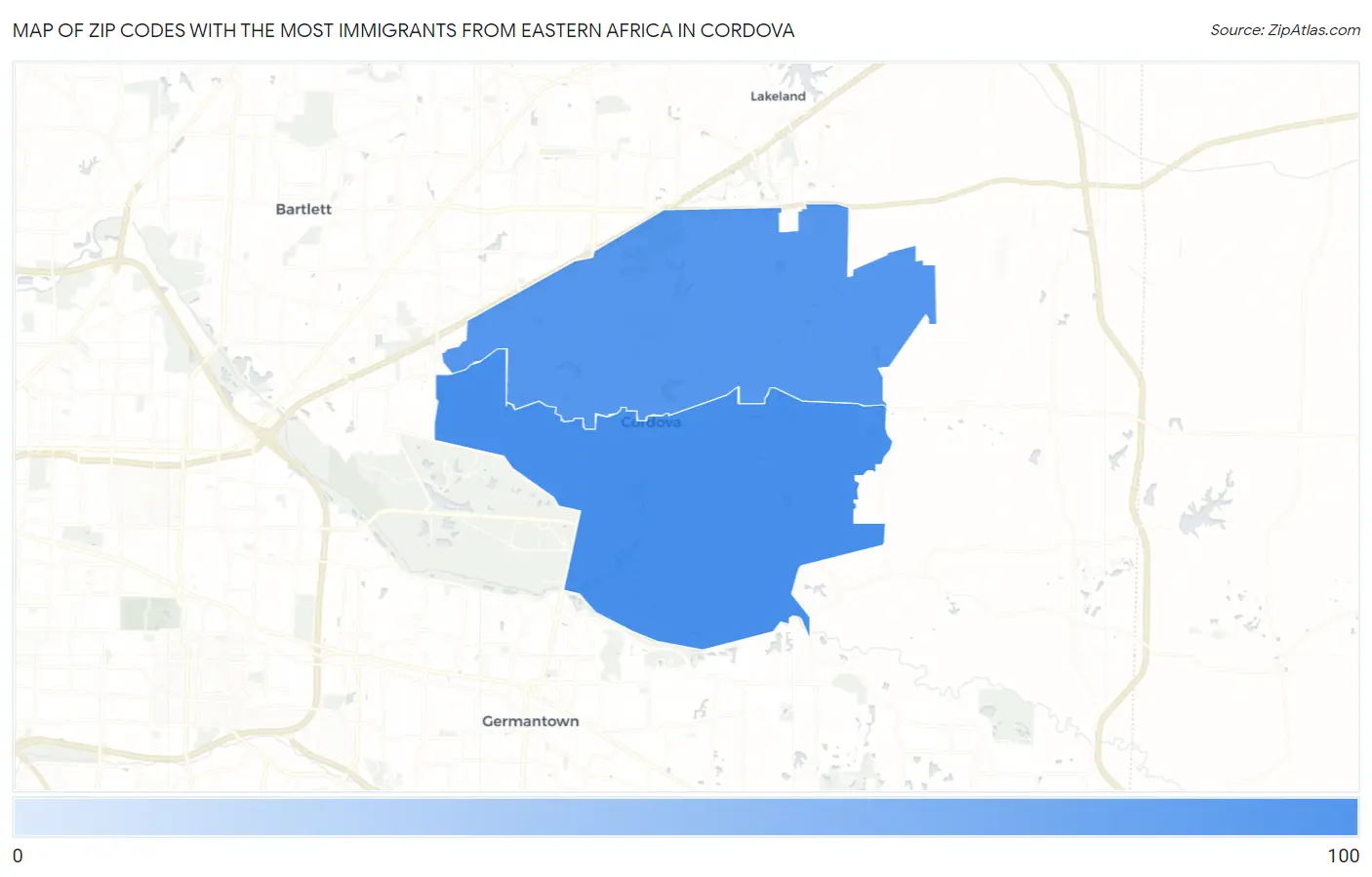 Zip Codes with the Most Immigrants from Eastern Africa in Cordova Map