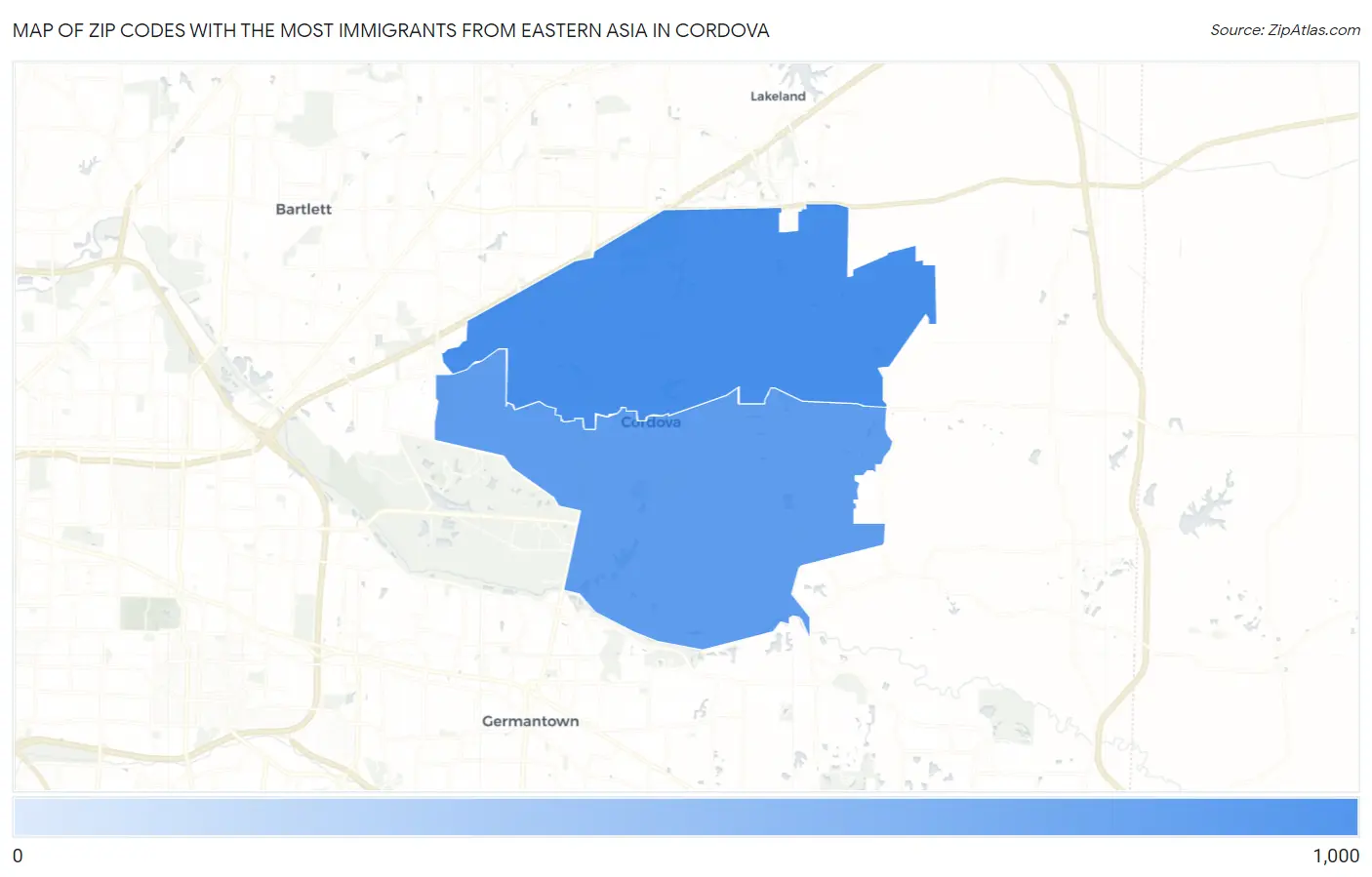 Zip Codes with the Most Immigrants from Eastern Asia in Cordova Map