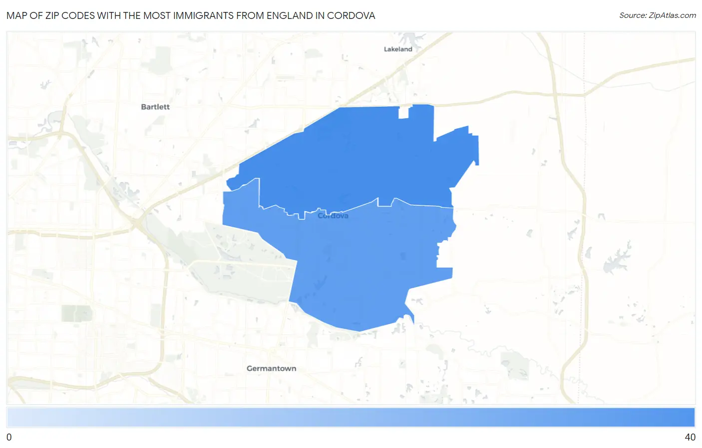 Zip Codes with the Most Immigrants from England in Cordova Map
