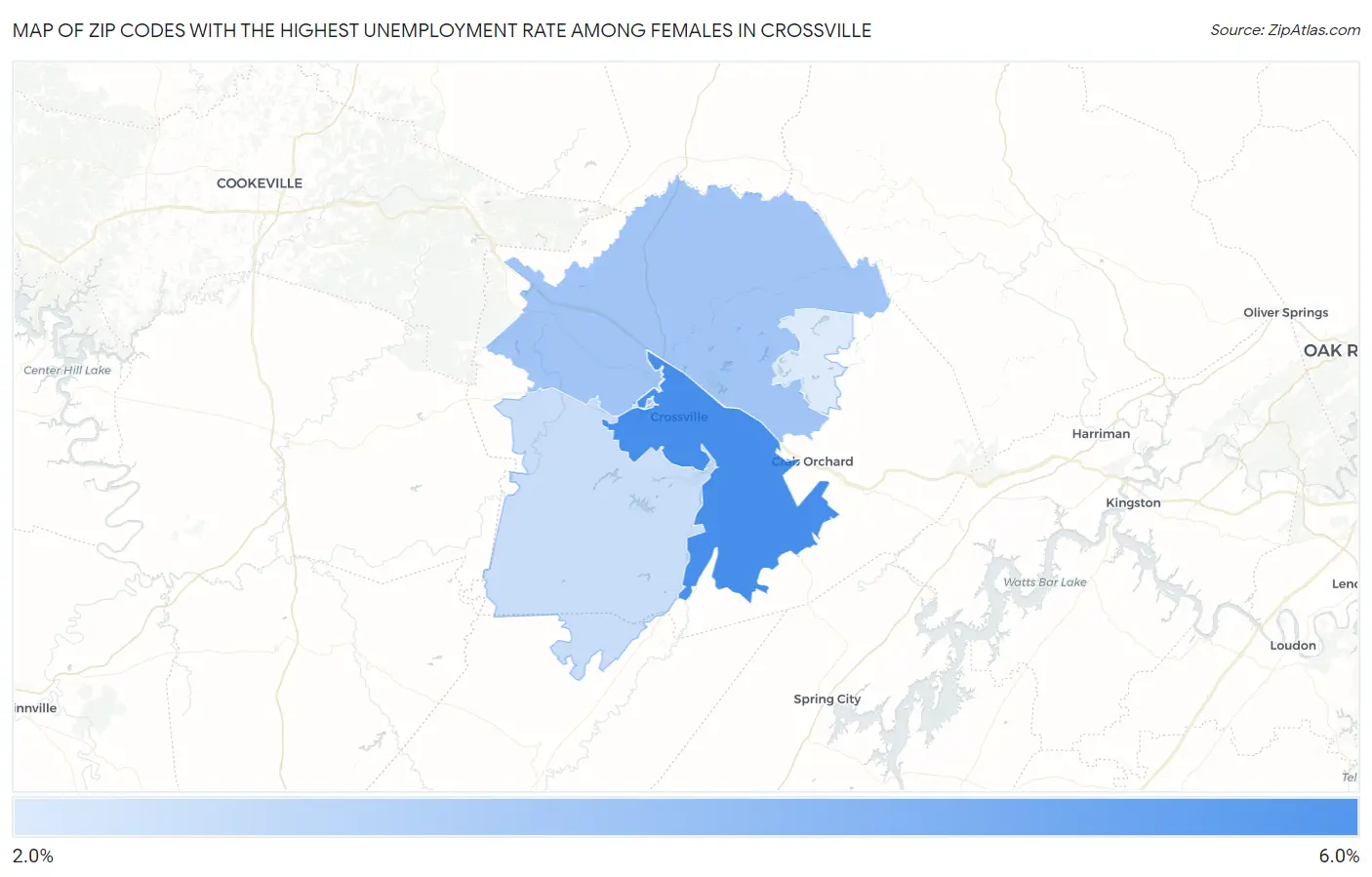 Zip Codes with the Highest Unemployment Rate Among Females in Crossville Map