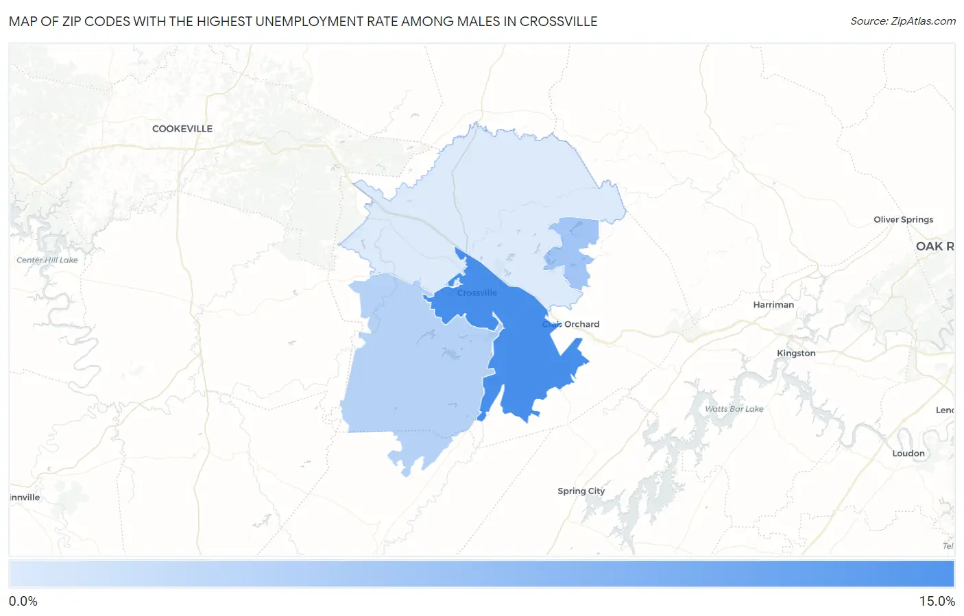 Zip Codes with the Highest Unemployment Rate Among Males in Crossville Map