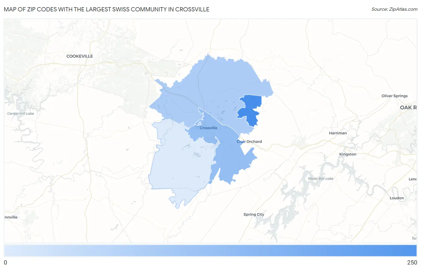 Zip Codes with the Largest Swiss Community in Crossville Map