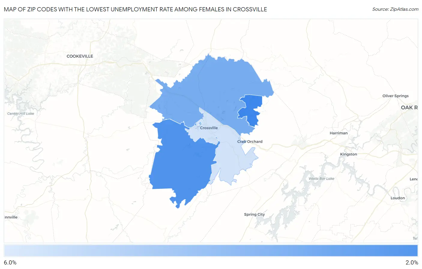 Zip Codes with the Lowest Unemployment Rate Among Females in Crossville Map