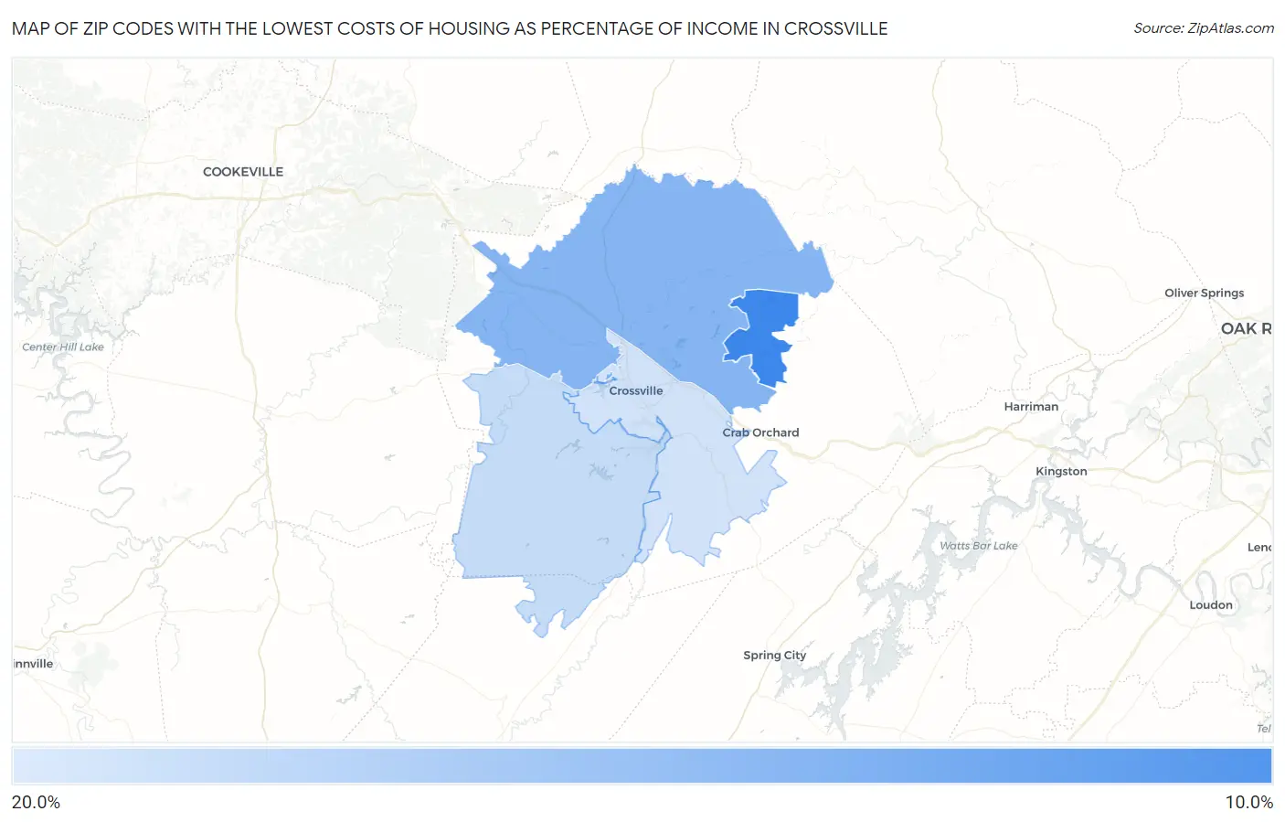 Zip Codes with the Lowest Costs of Housing as Percentage of Income in Crossville Map