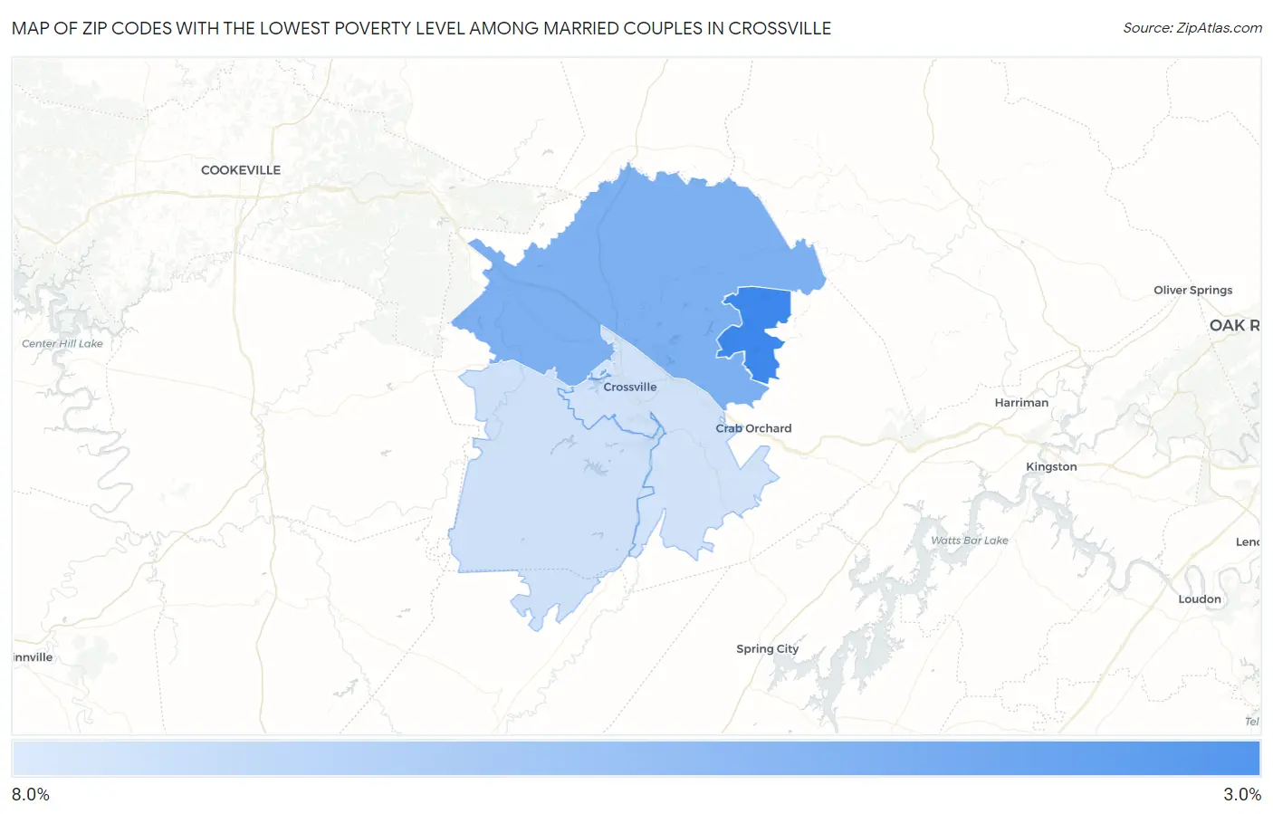 Zip Codes with the Lowest Poverty Level Among Married Couples in Crossville Map