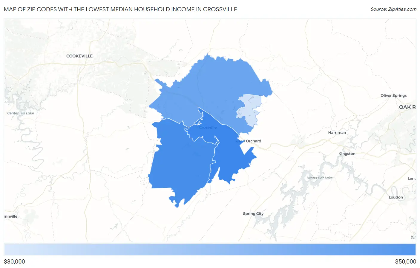 Zip Codes with the Lowest Median Household Income in Crossville Map