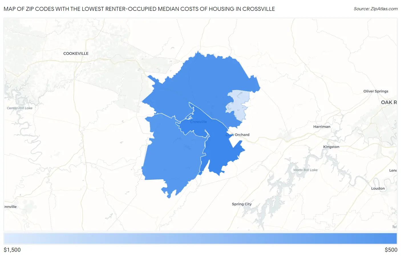 Zip Codes with the Lowest Renter-Occupied Median Costs of Housing in Crossville Map