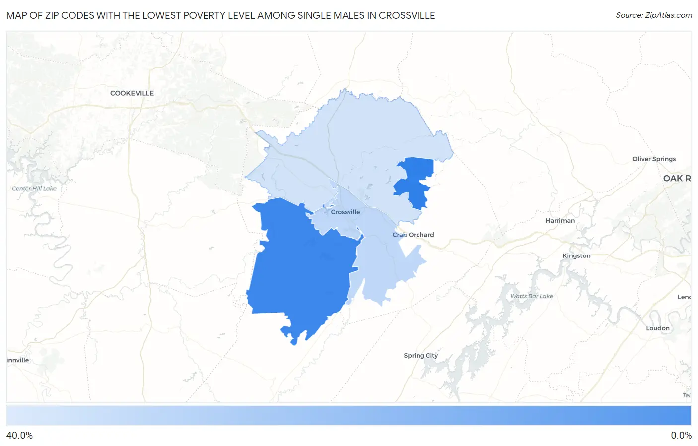 Zip Codes with the Lowest Poverty Level Among Single Males in Crossville Map