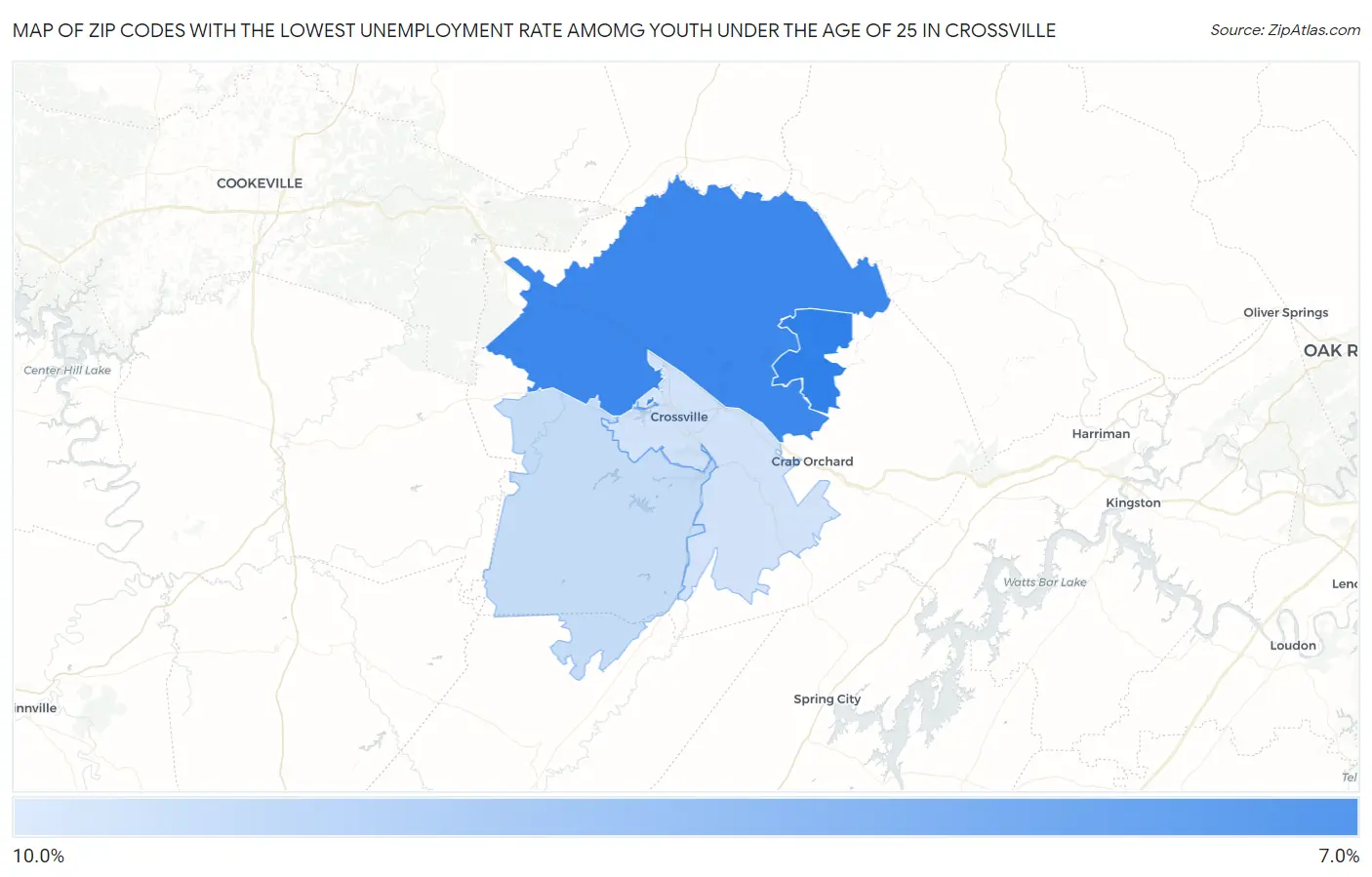Zip Codes with the Lowest Unemployment Rate Amomg Youth Under the Age of 25 in Crossville Map