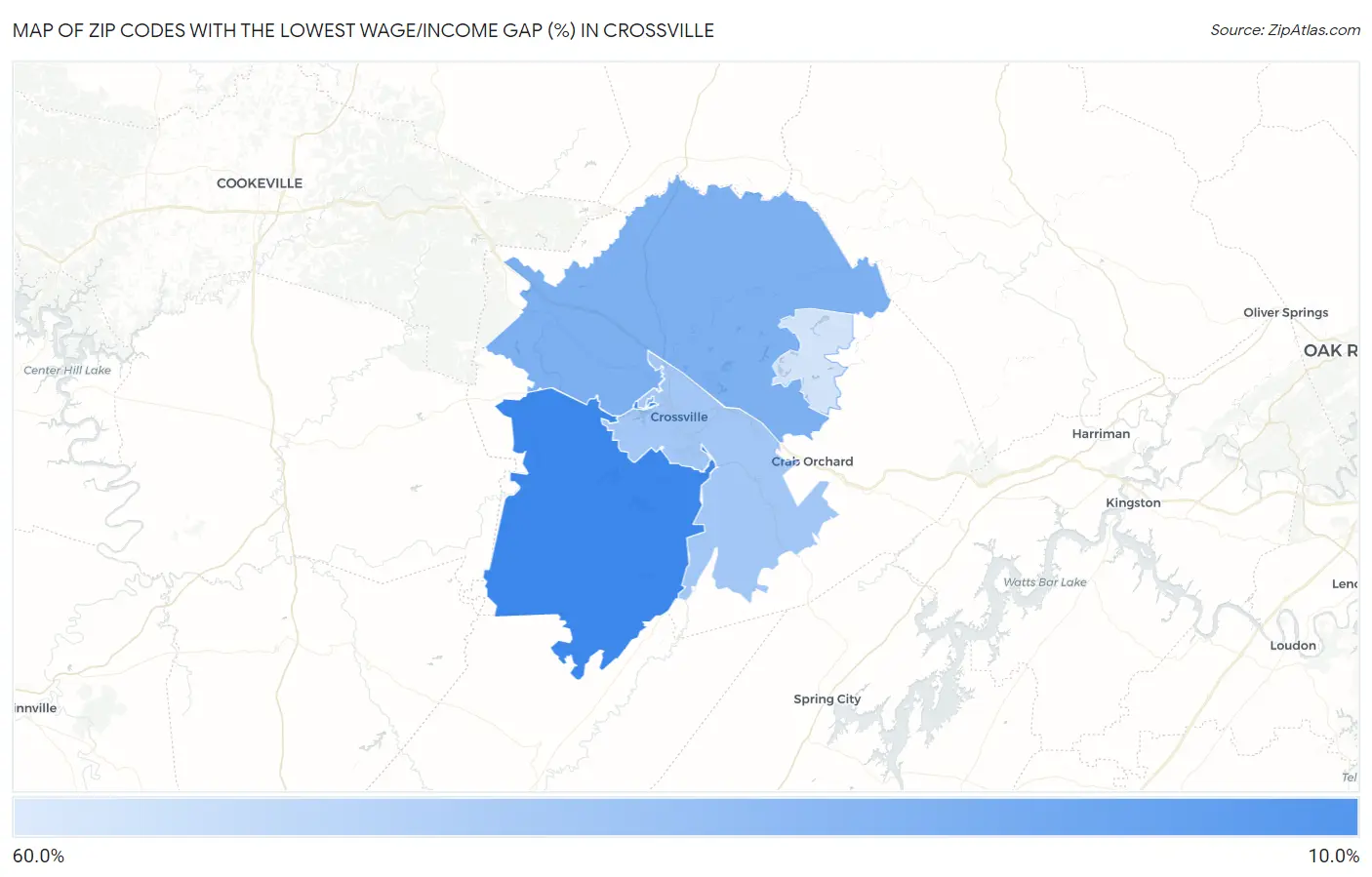 Zip Codes with the Lowest Wage/Income Gap (%) in Crossville Map