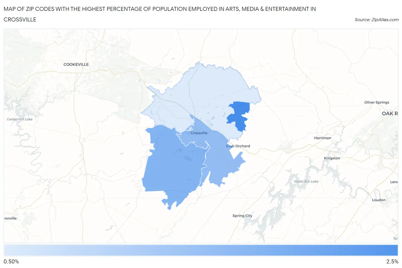 Zip Codes with the Highest Percentage of Population Employed in Arts, Media & Entertainment in Crossville Map
