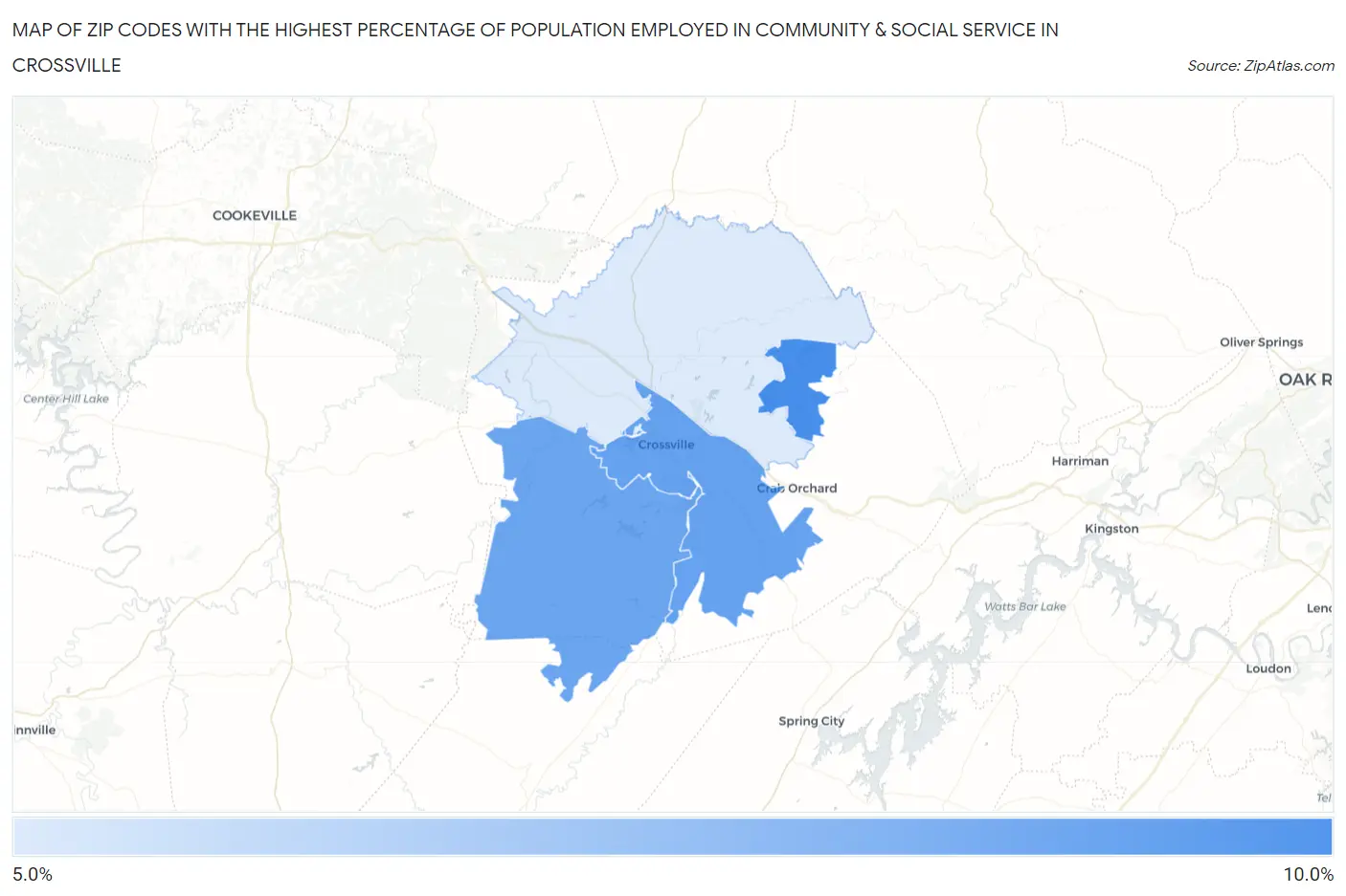 Zip Codes with the Highest Percentage of Population Employed in Community & Social Service  in Crossville Map