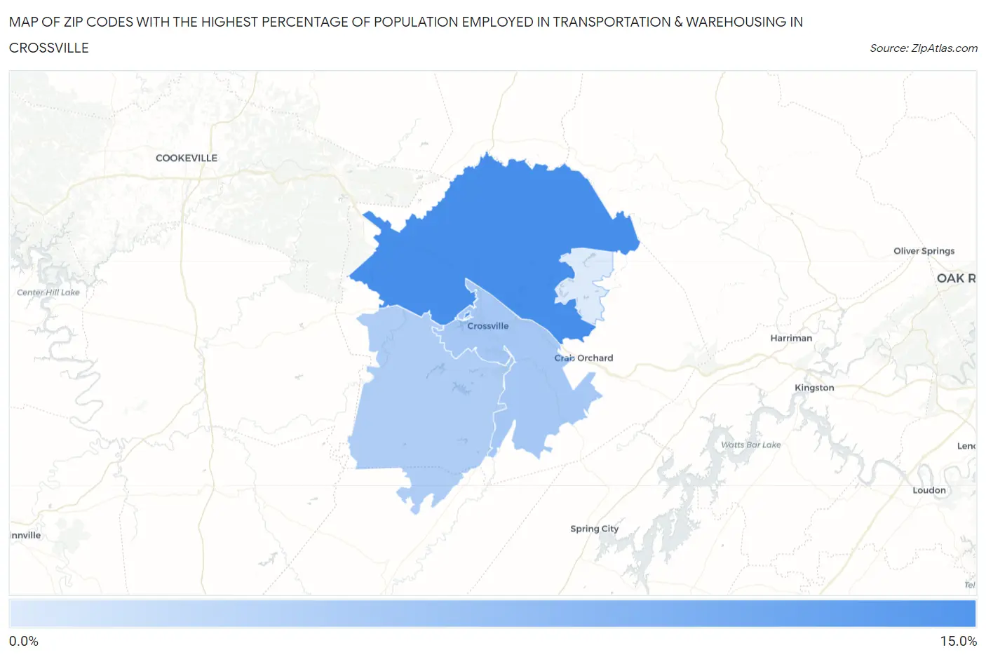 Zip Codes with the Highest Percentage of Population Employed in Transportation & Warehousing in Crossville Map