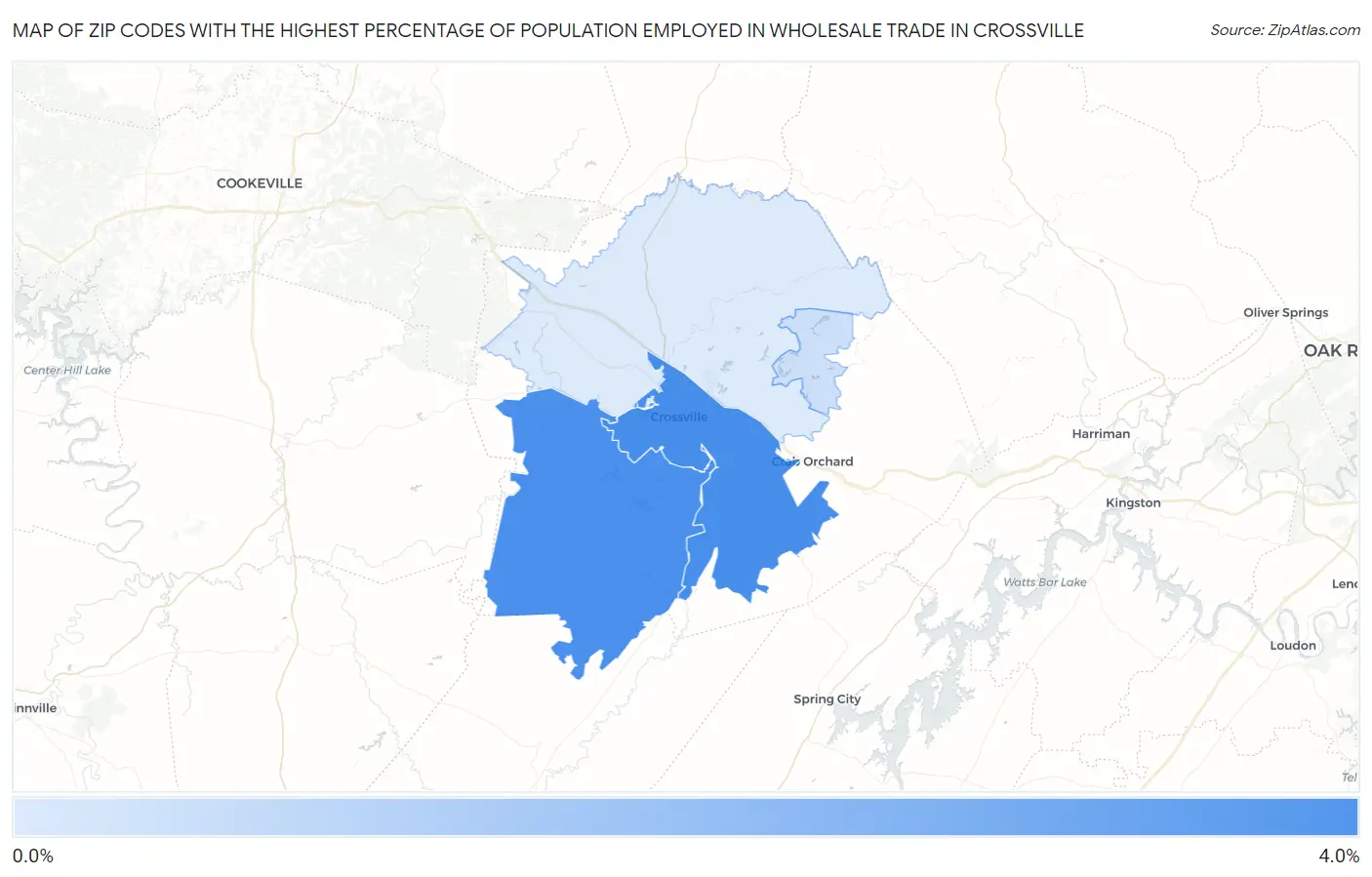 Zip Codes with the Highest Percentage of Population Employed in Wholesale Trade in Crossville Map
