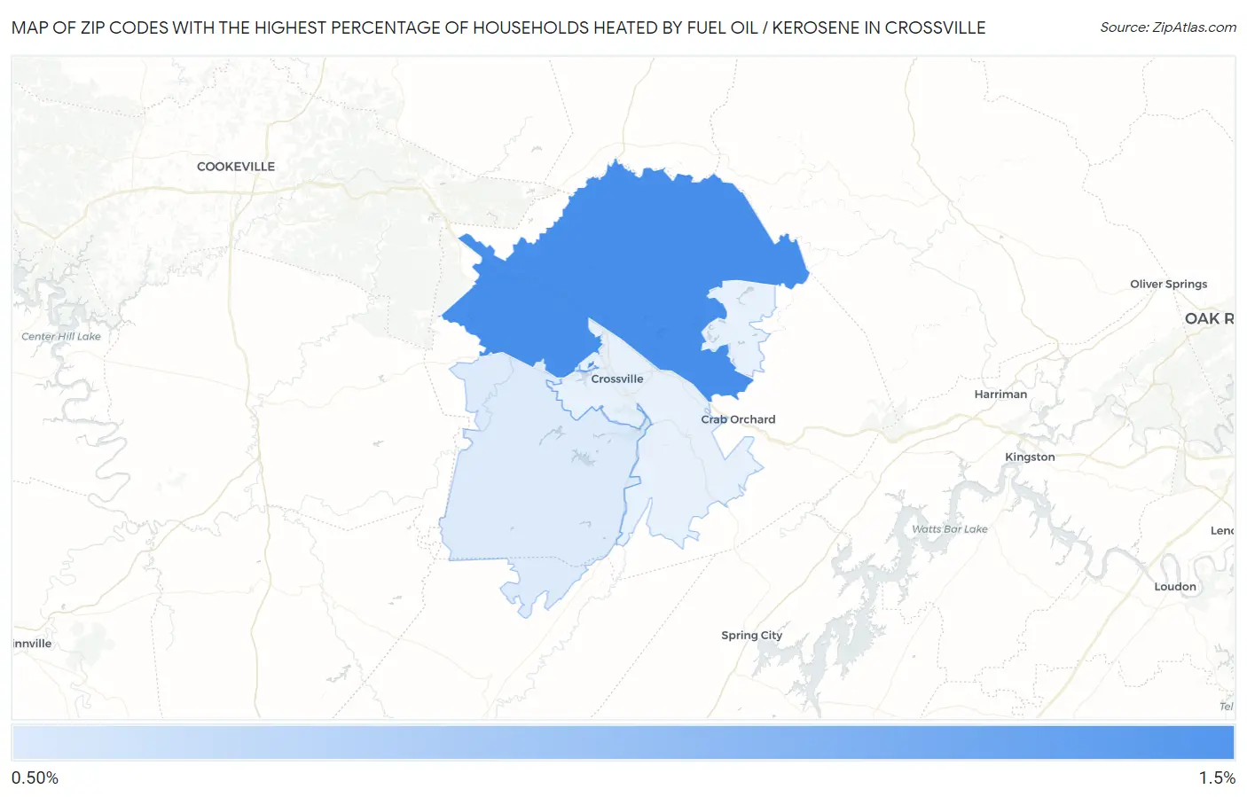 Zip Codes with the Highest Percentage of Households Heated by Fuel Oil / Kerosene in Crossville Map
