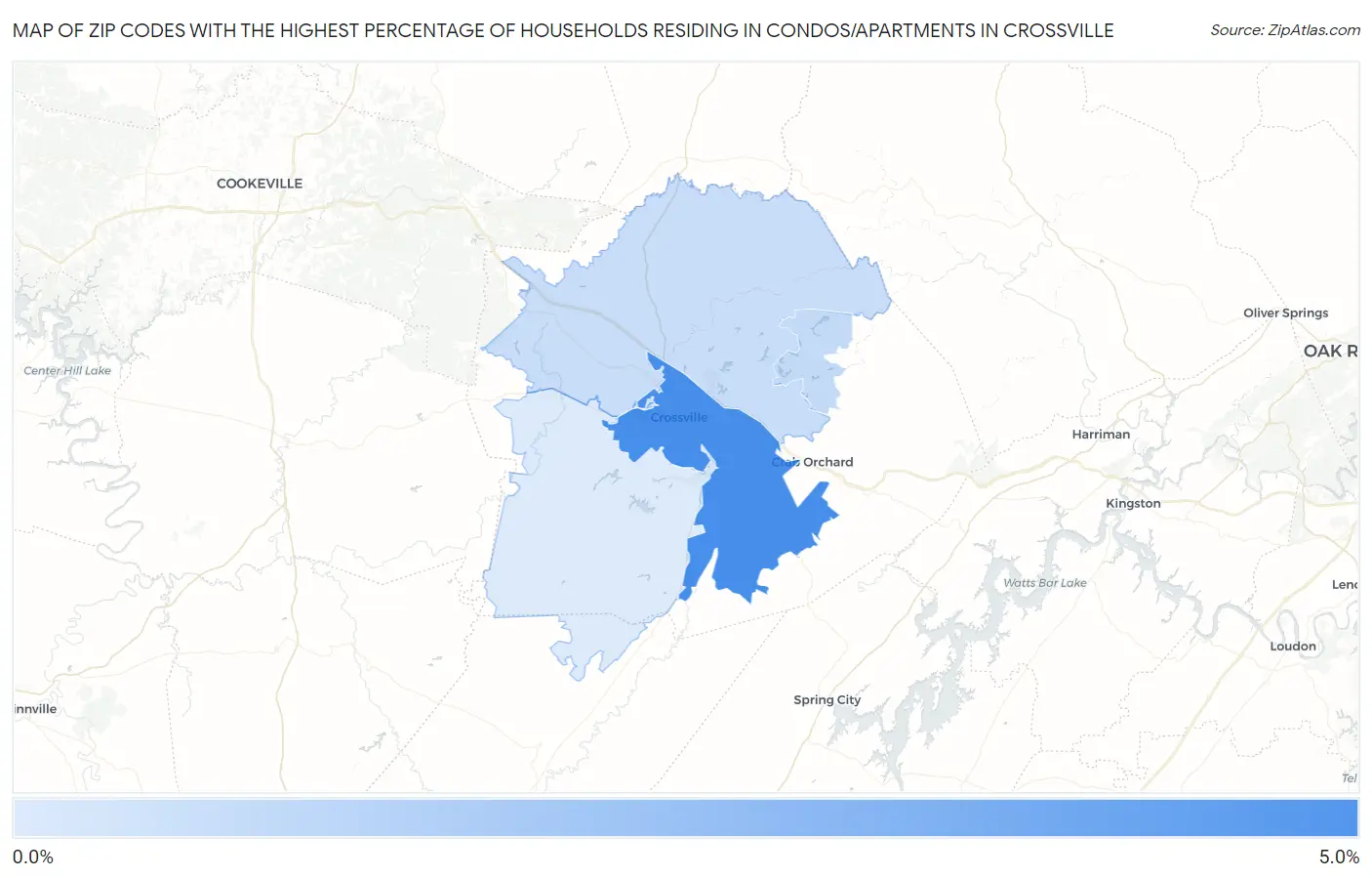 Zip Codes with the Highest Percentage of Households Residing in Condos/Apartments in Crossville Map