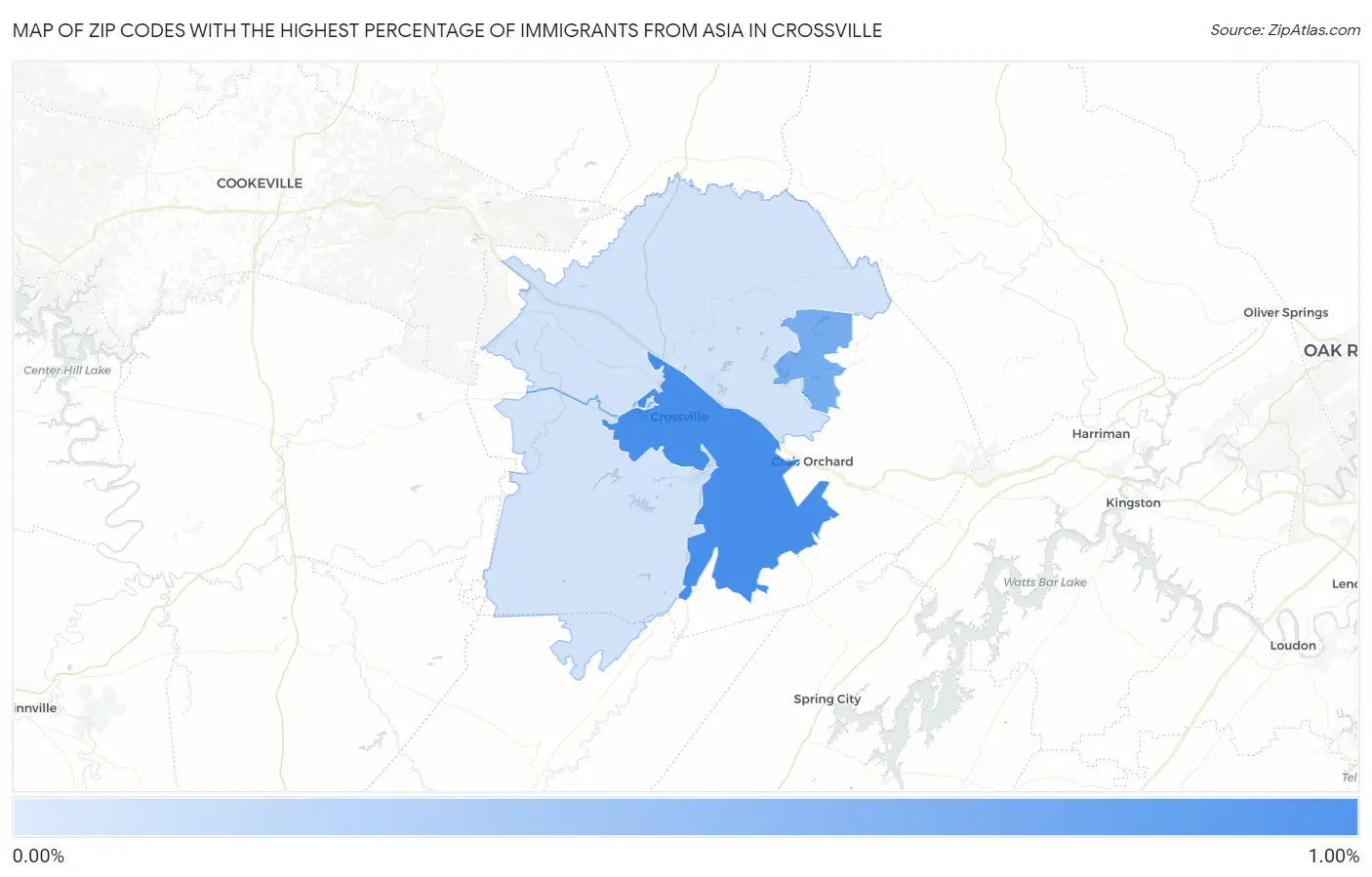 Zip Codes with the Highest Percentage of Immigrants from Asia in Crossville Map