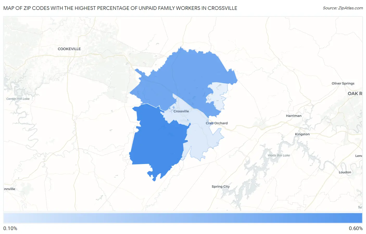 Zip Codes with the Highest Percentage of Unpaid Family Workers in Crossville Map