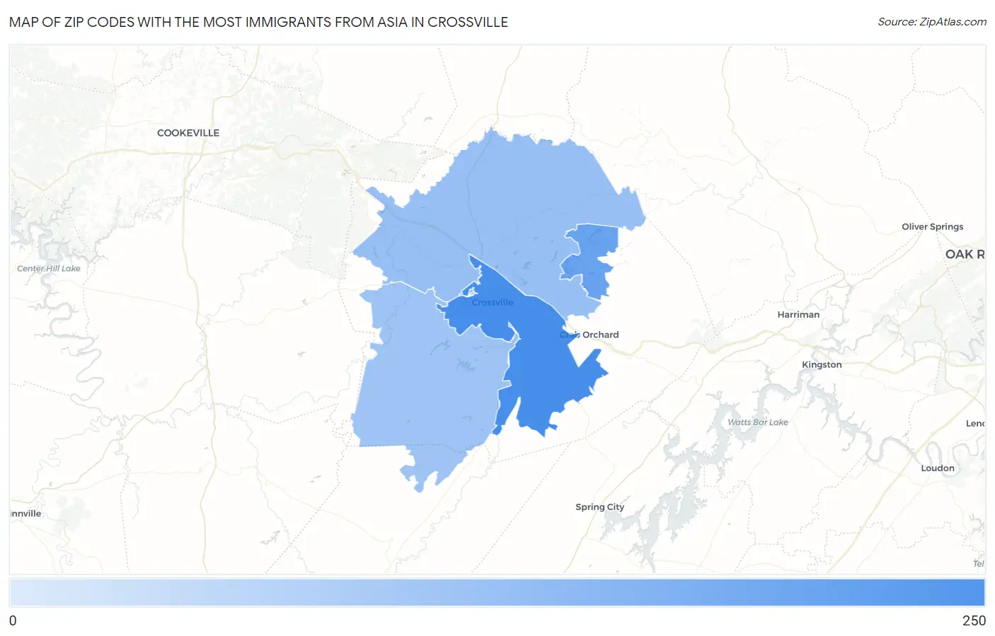 Zip Codes with the Most Immigrants from Asia in Crossville Map