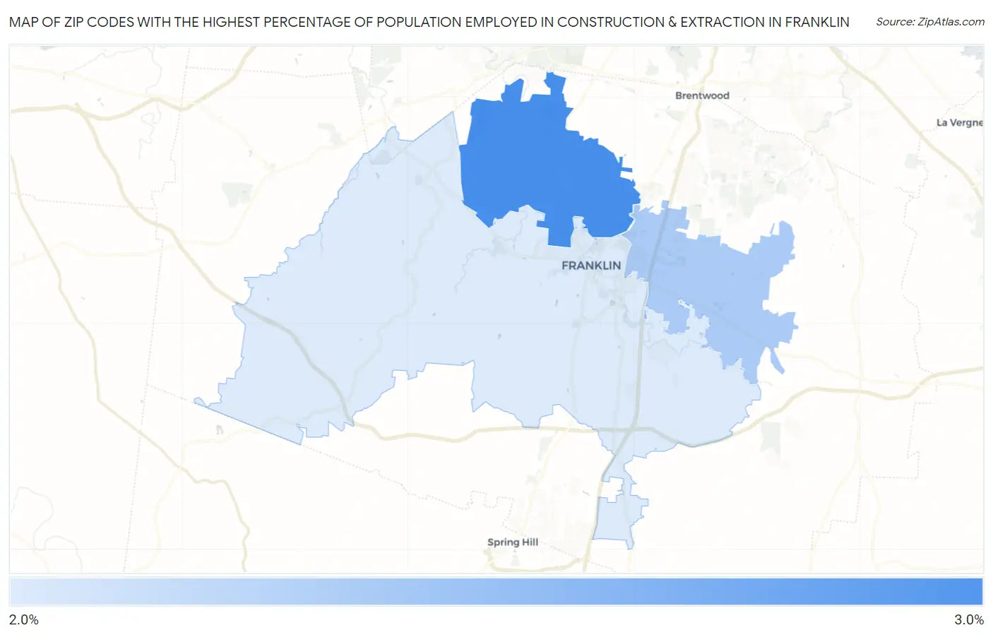 Zip Codes with the Highest Percentage of Population Employed in Construction & Extraction in Franklin Map
