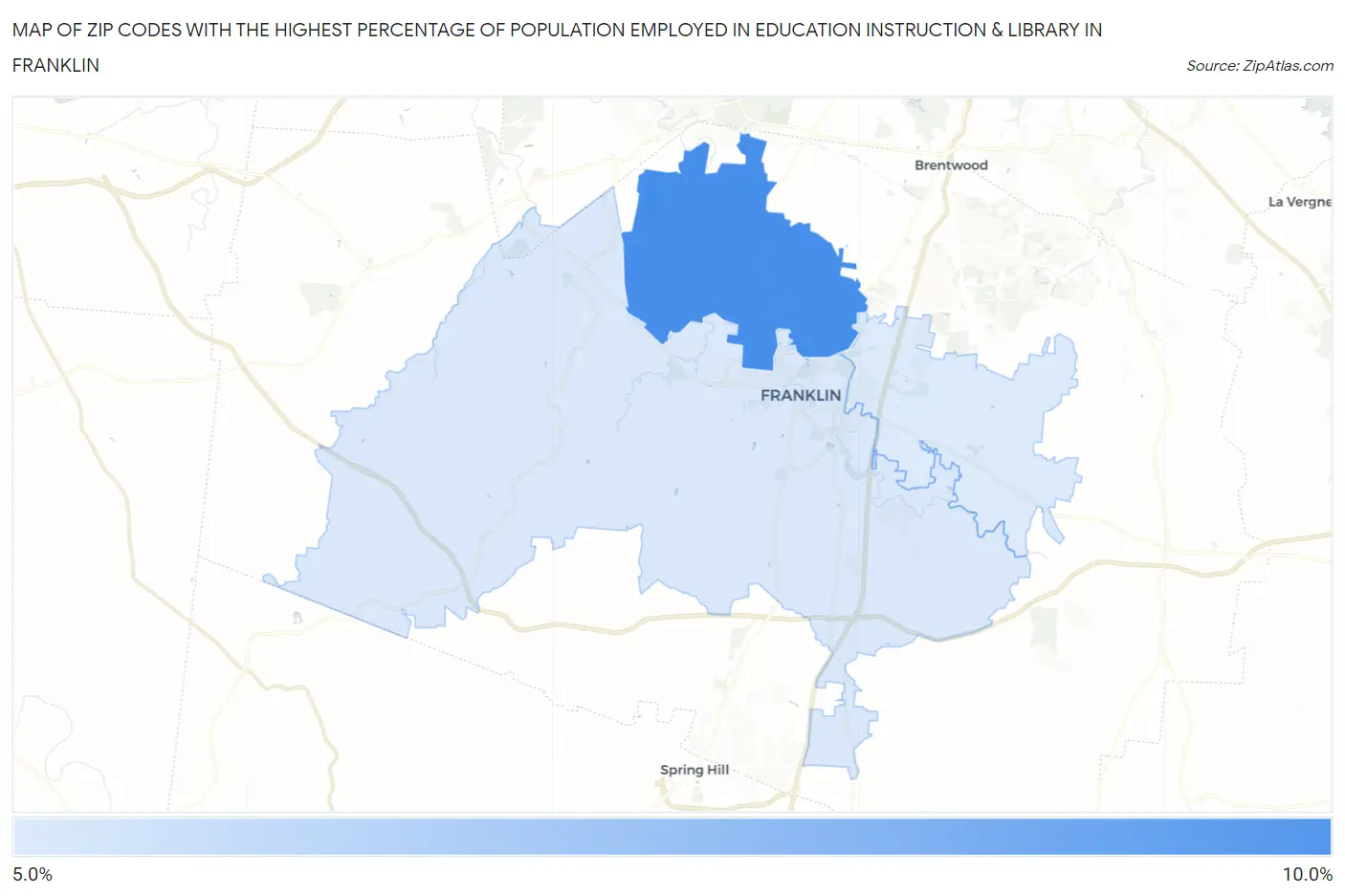 Zip Codes with the Highest Percentage of Population Employed in Education Instruction & Library in Franklin Map