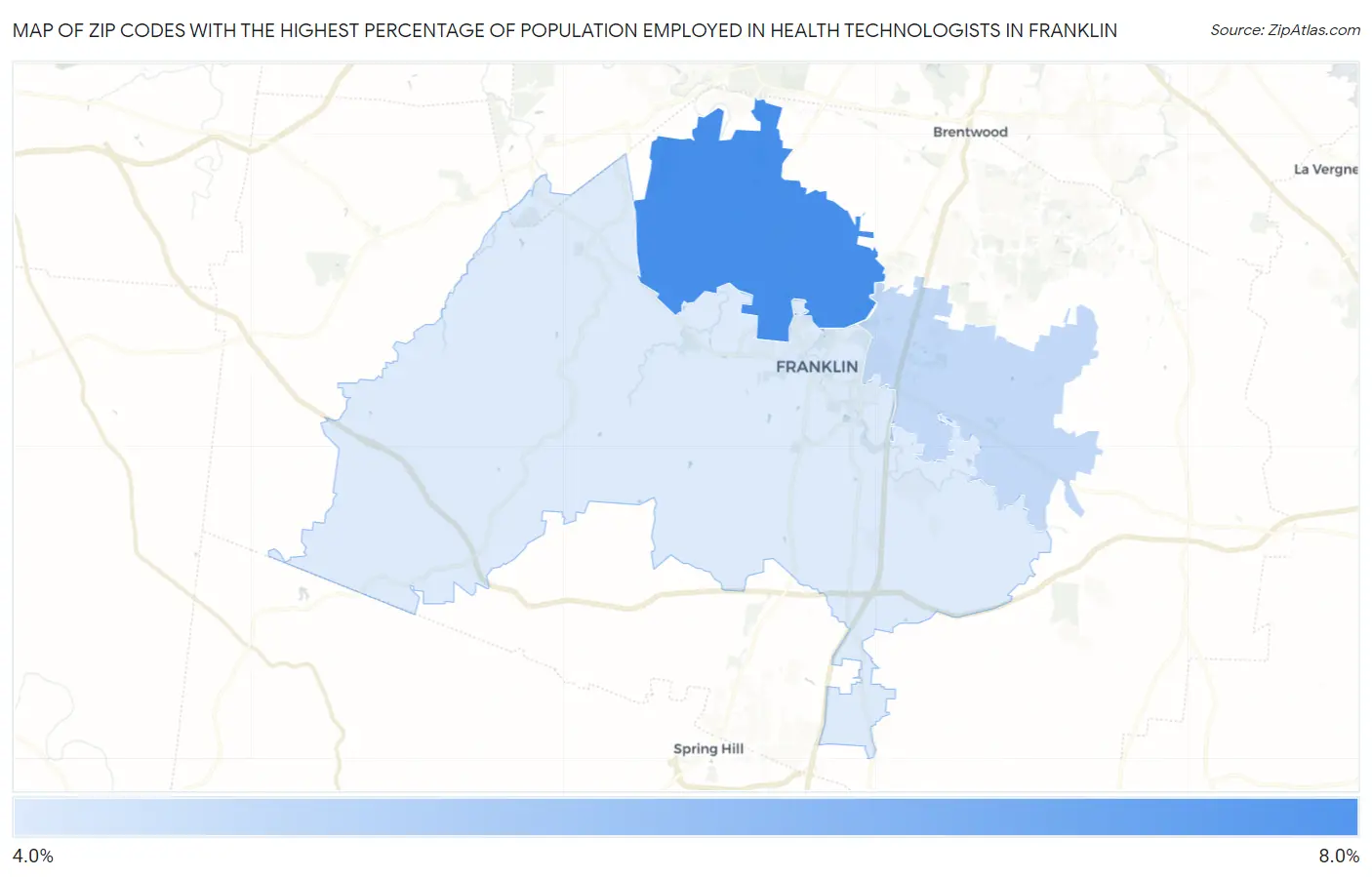 Zip Codes with the Highest Percentage of Population Employed in Health Technologists in Franklin Map