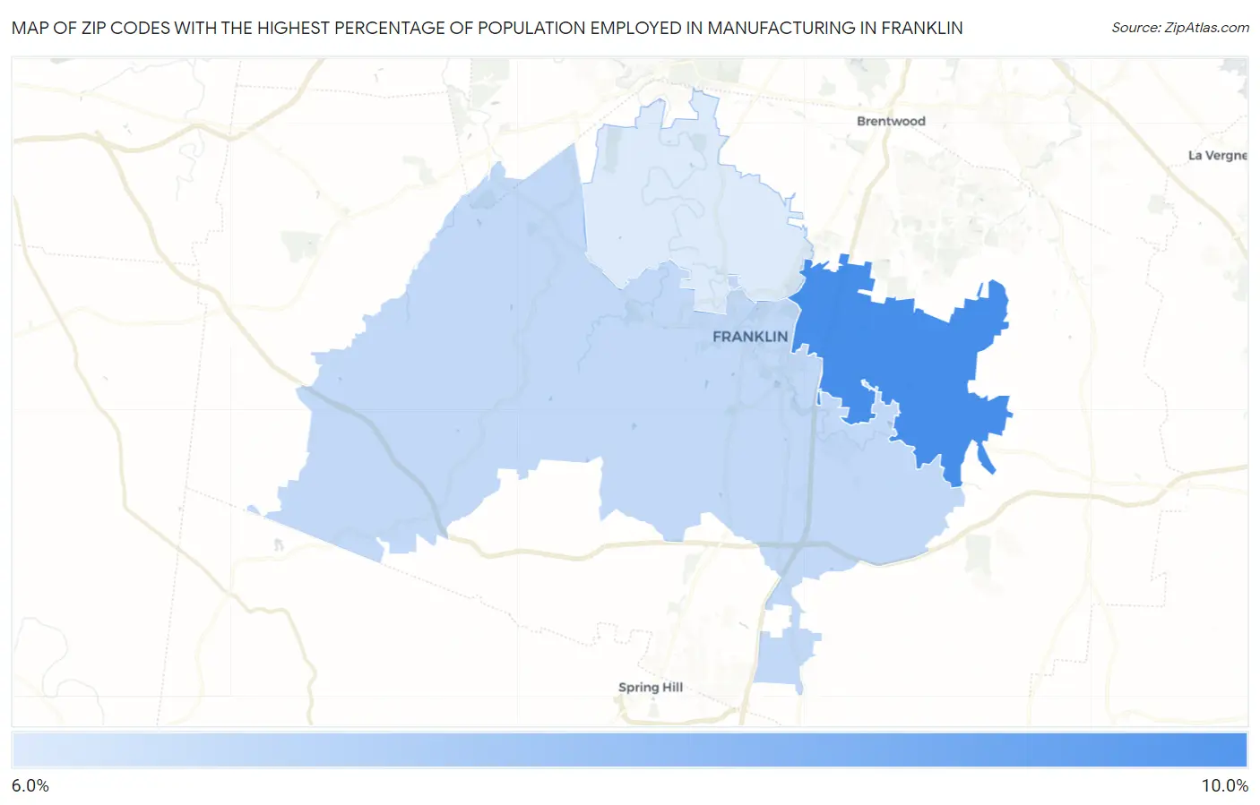 Zip Codes with the Highest Percentage of Population Employed in Manufacturing in Franklin Map