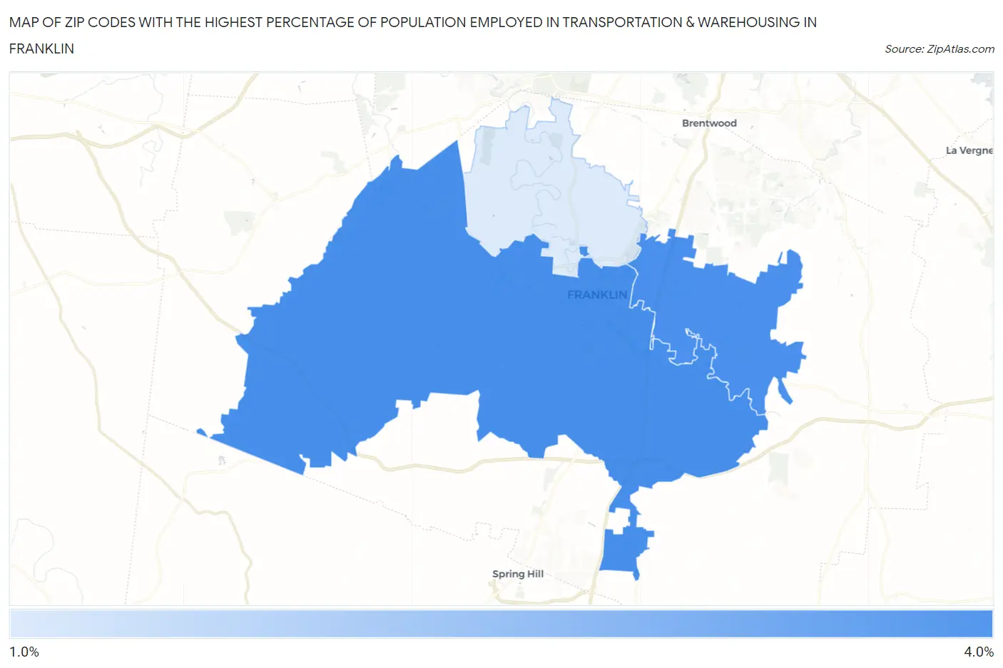 Zip Codes with the Highest Percentage of Population Employed in Transportation & Warehousing in Franklin Map