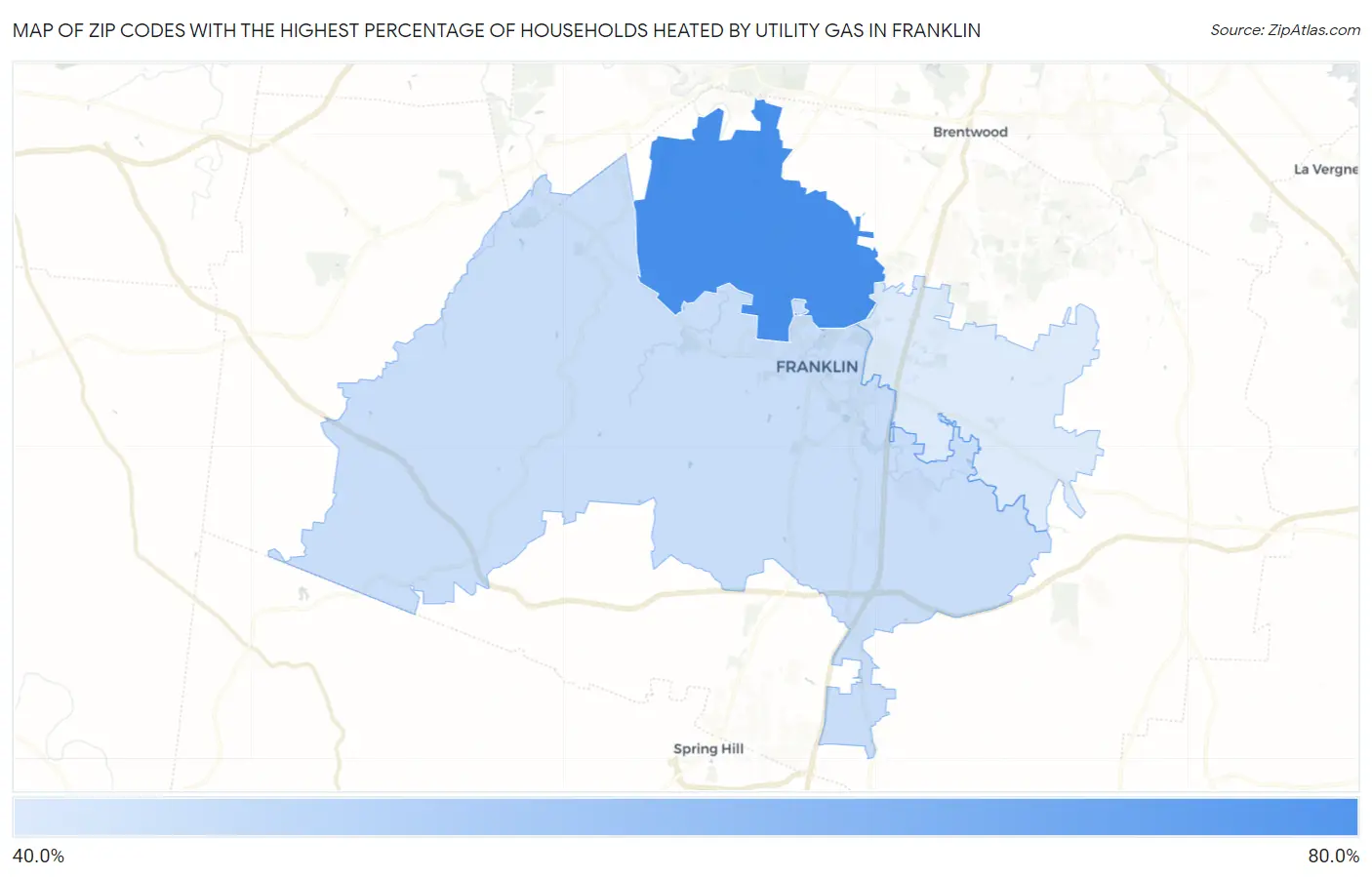 Zip Codes with the Highest Percentage of Households Heated by Utility Gas in Franklin Map