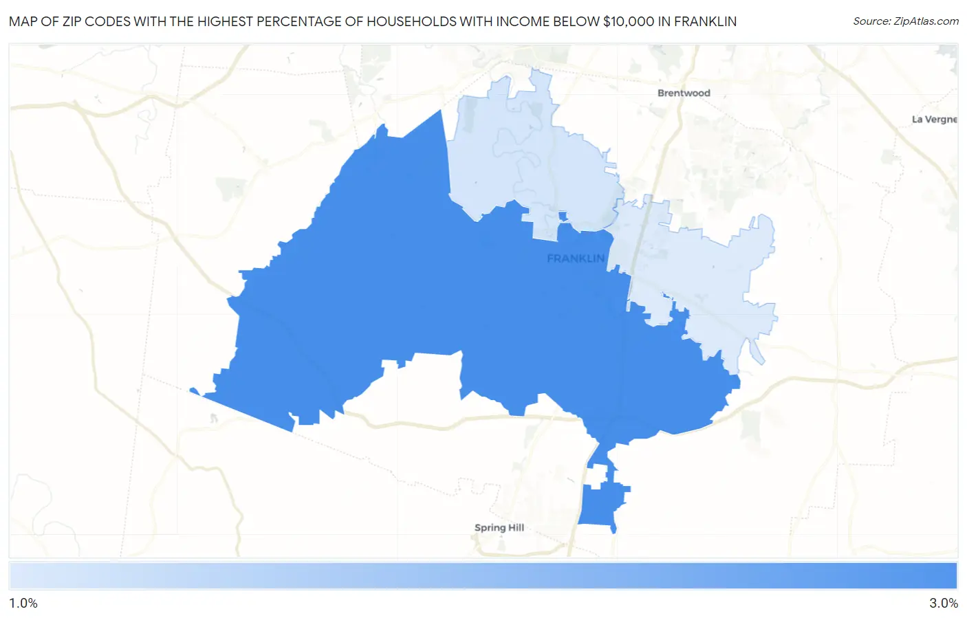 Zip Codes with the Highest Percentage of Households with Income Below $10,000 in Franklin Map