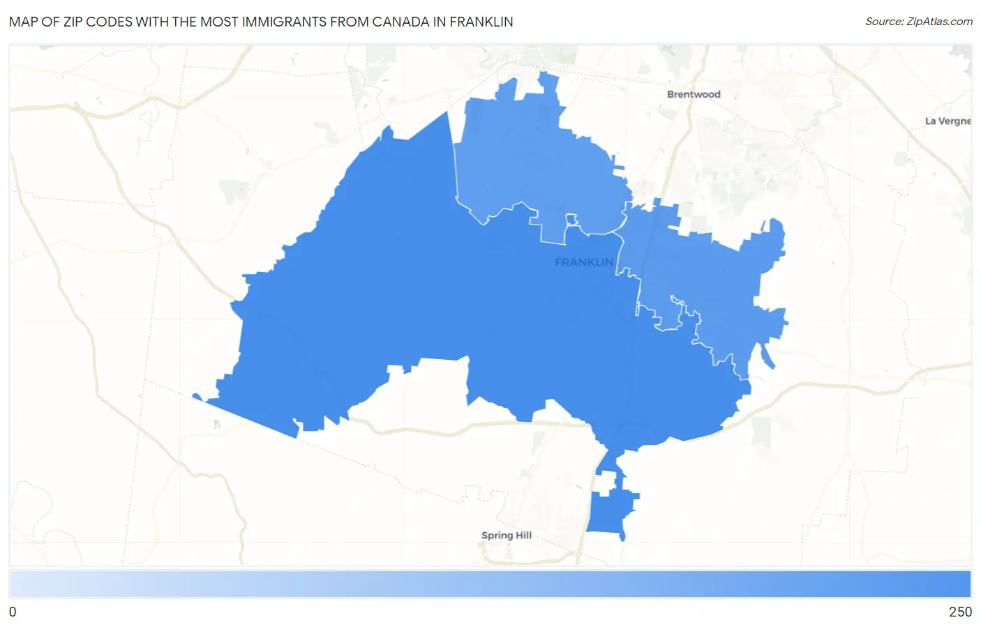 Zip Codes with the Most Immigrants from Canada in Franklin Map