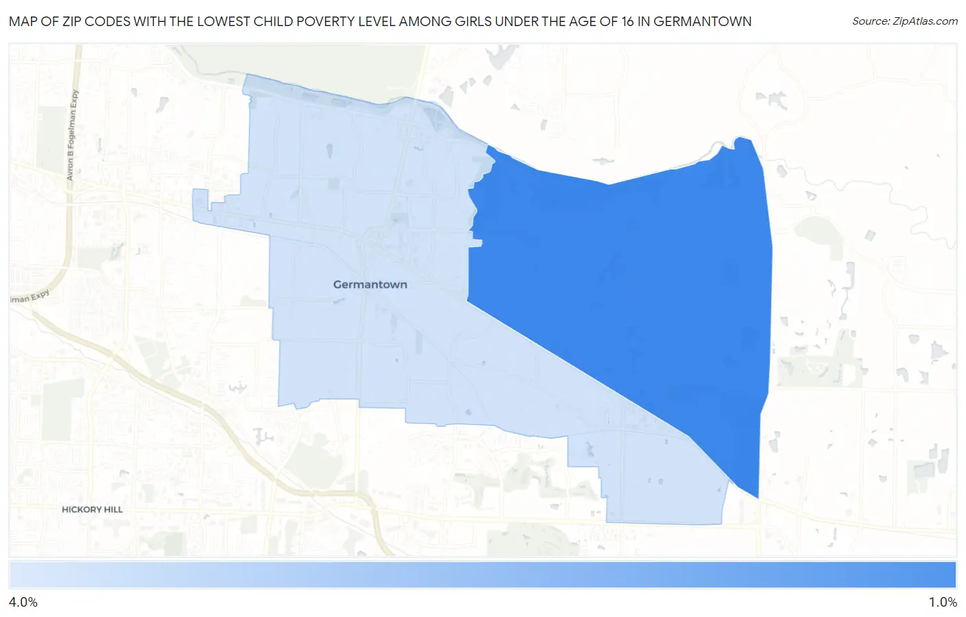 Zip Codes with the Lowest Child Poverty Level Among Girls Under the Age of 16 in Germantown Map
