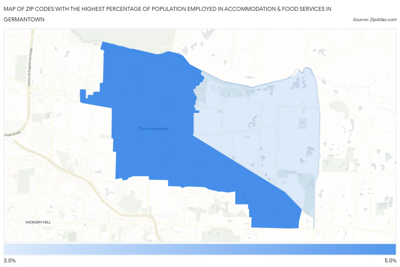 Zip Codes with the Highest Percentage of Population Employed in Accommodation & Food Services in Germantown Map