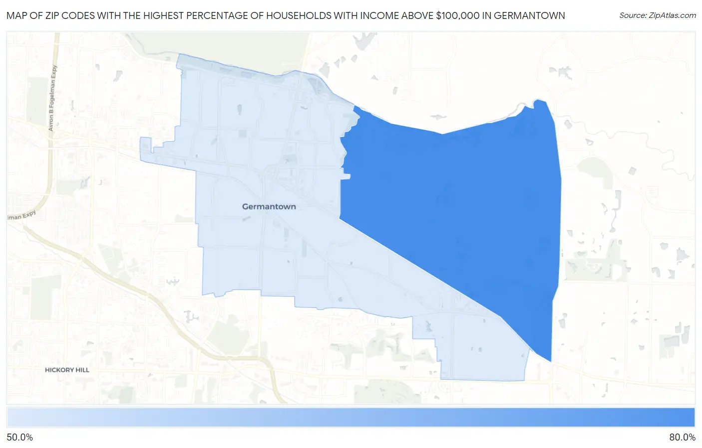 Zip Codes with the Highest Percentage of Households with Income Above $100,000 in Germantown Map