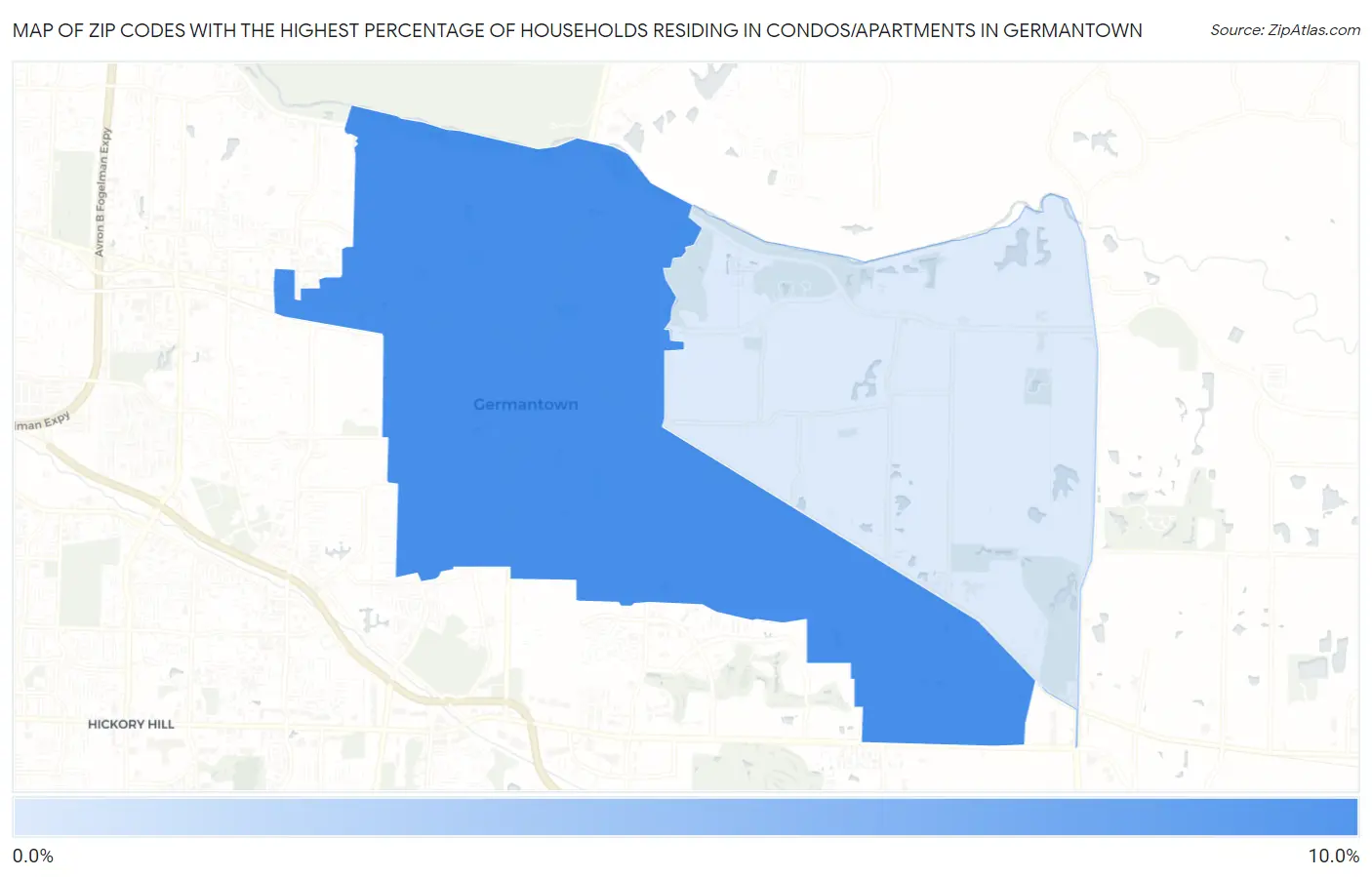 Zip Codes with the Highest Percentage of Households Residing in Condos/Apartments in Germantown Map