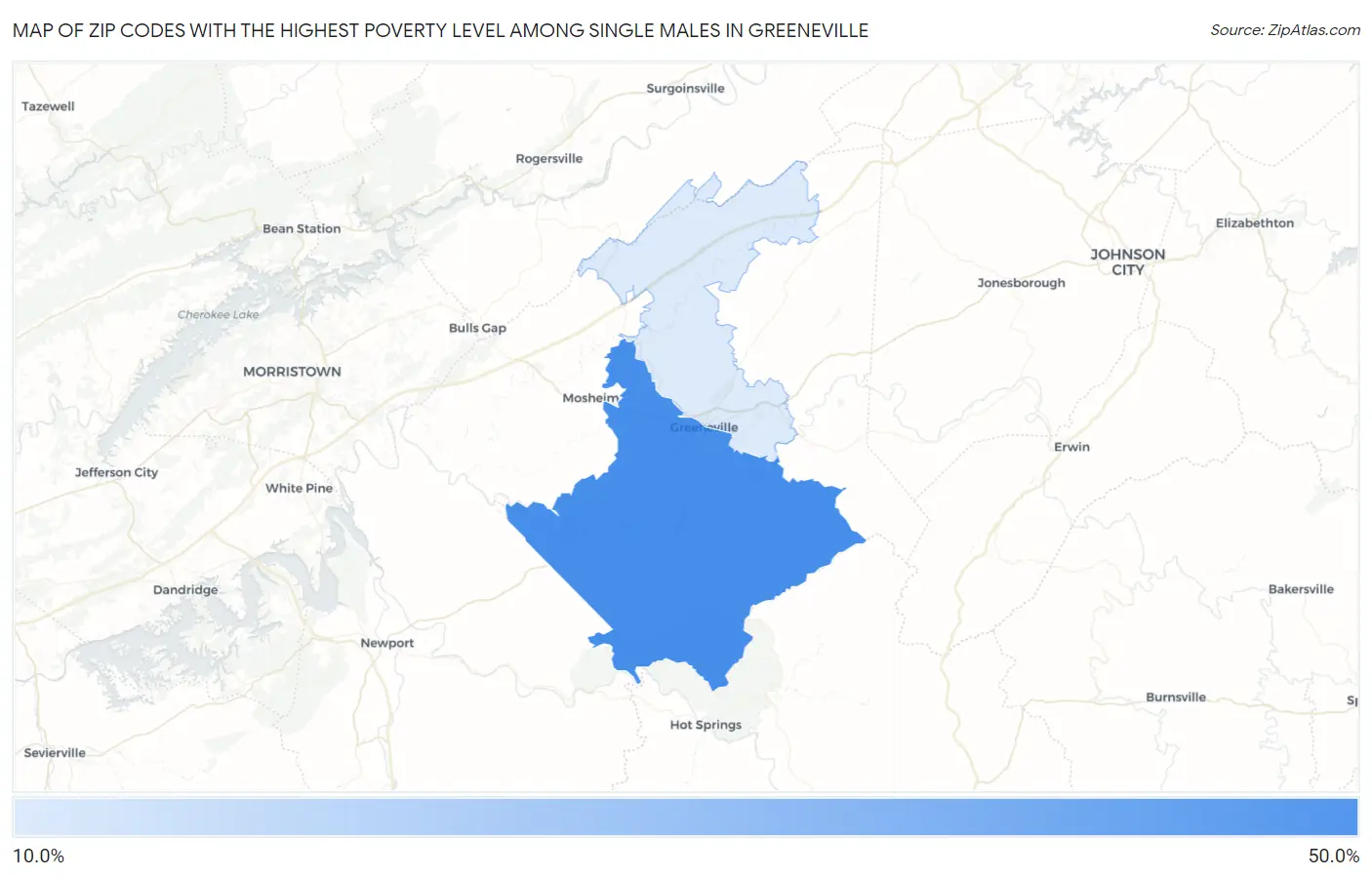 Zip Codes with the Highest Poverty Level Among Single Males in Greeneville Map