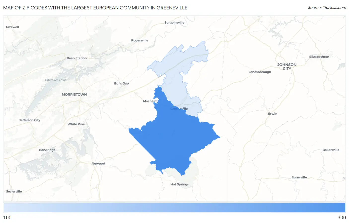 Zip Codes with the Largest European Community in Greeneville Map