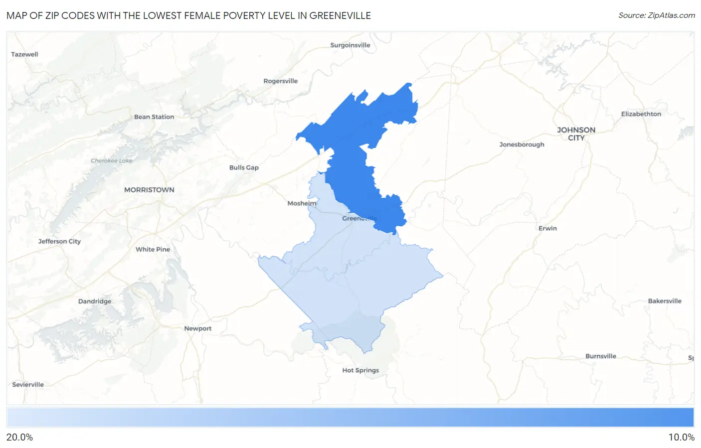 Zip Codes with the Lowest Female Poverty Level in Greeneville Map