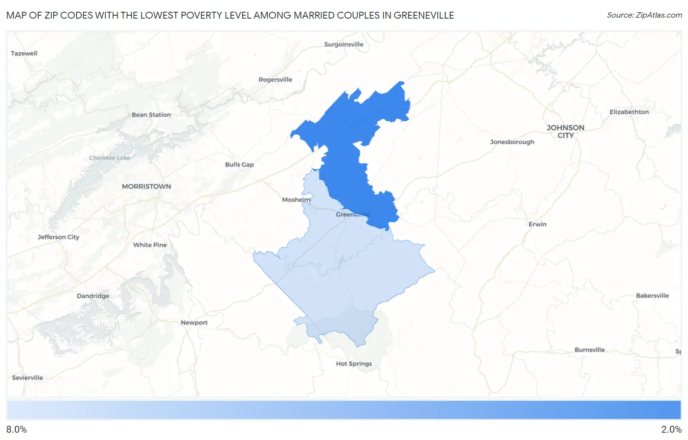 Zip Codes with the Lowest Poverty Level Among Married Couples in Greeneville Map