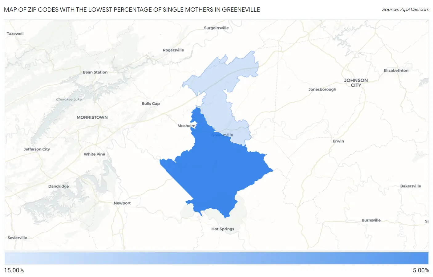 Zip Codes with the Lowest Percentage of Single Mothers in Greeneville Map