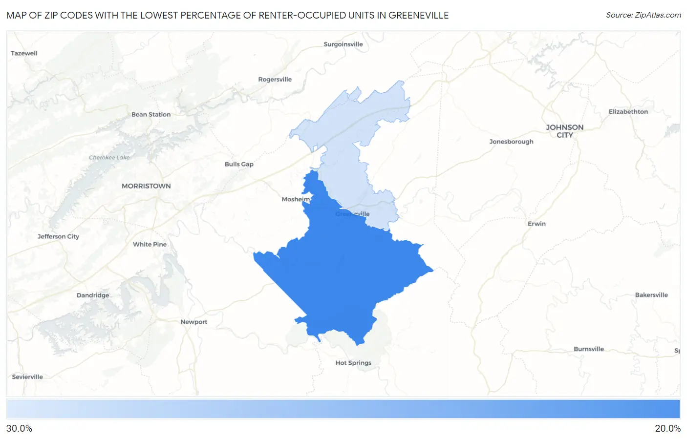 Zip Codes with the Lowest Percentage of Renter-Occupied Units in Greeneville Map
