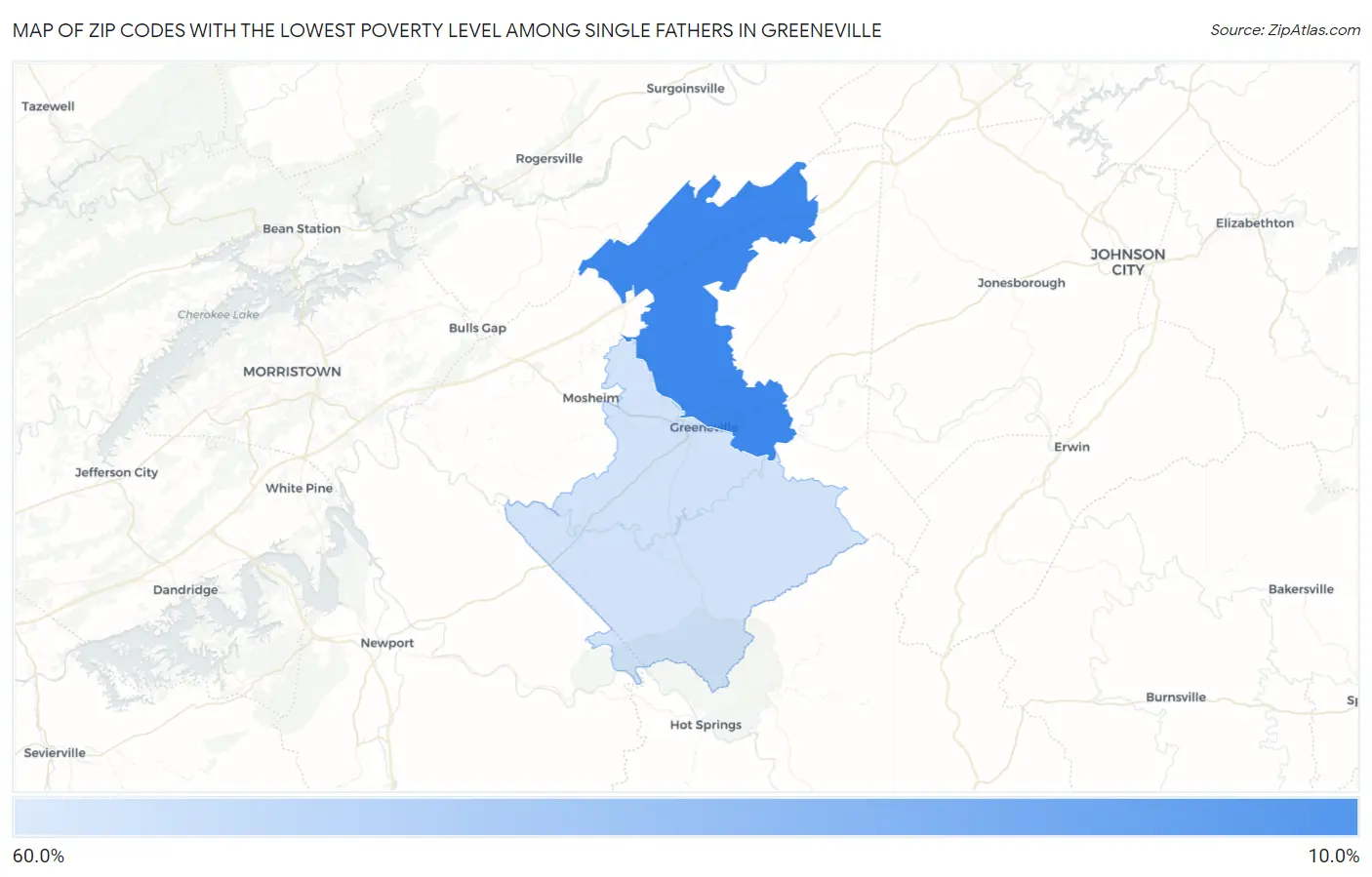 Zip Codes with the Lowest Poverty Level Among Single Fathers in Greeneville Map